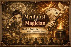 Mentalist-vs-magician illustration showing mind reading and magic tricks for corporate event entertainment