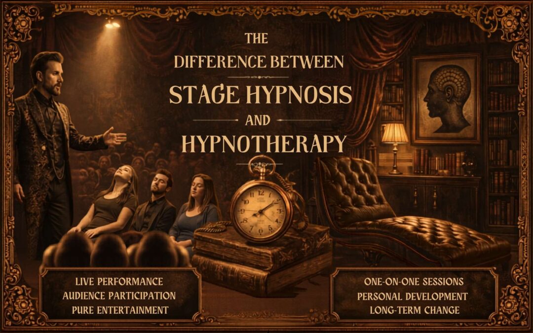 Difference between stage hypnosis and hypnotherapy shown in a live mentalist performance with audience interaction