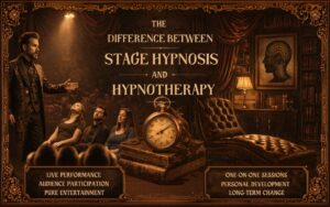Difference between stage hypnosis and hypnotherapy shown in a live mentalist performance with audience interaction