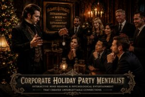 Corporate holiday party mentalist performing an interactive mind reading demonstration for guests at a company holiday celebration